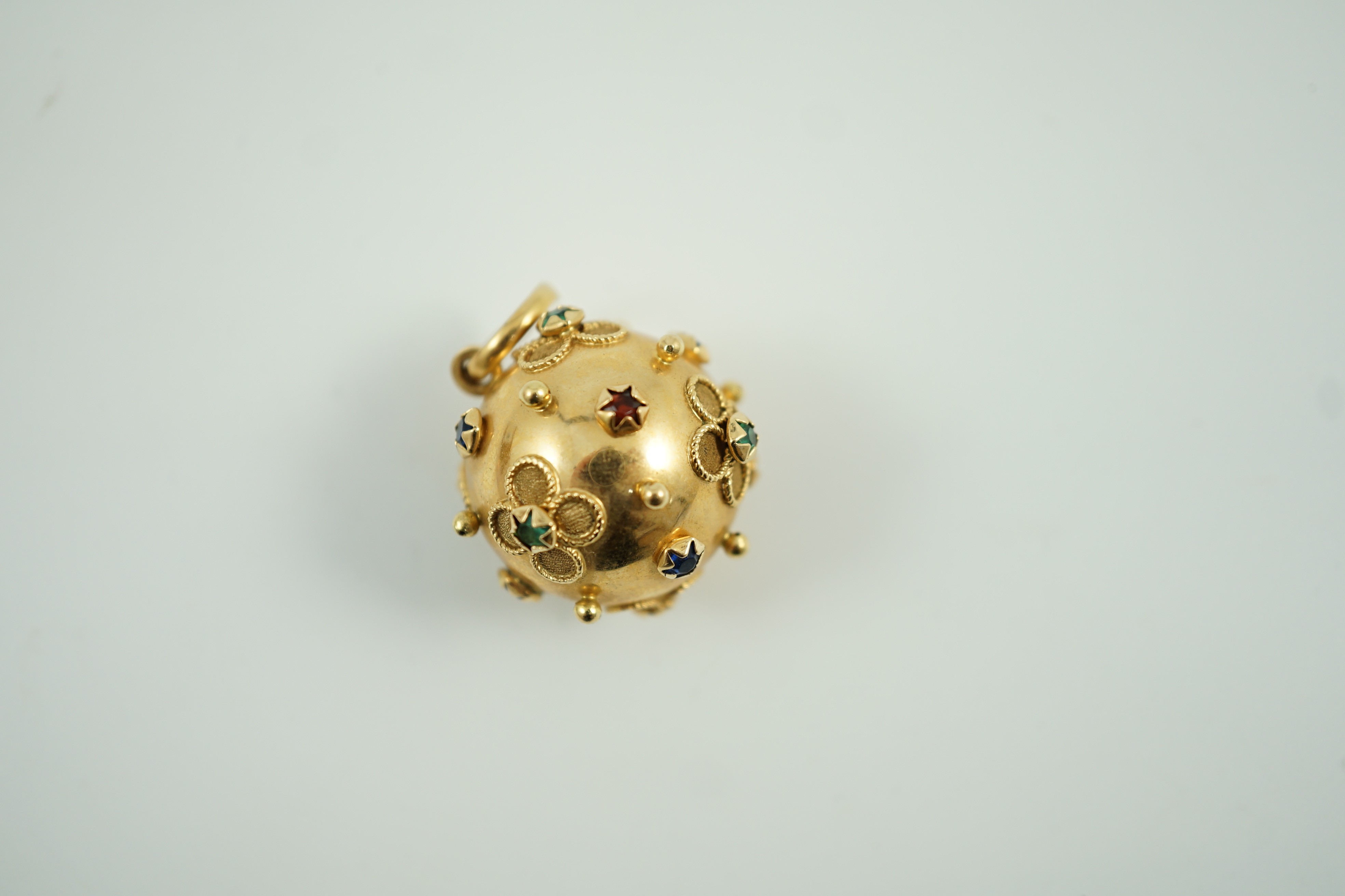 A modern Italian 750 yellow metal and gem set globular pendant, 26mm, gross weight 8.1 grams.